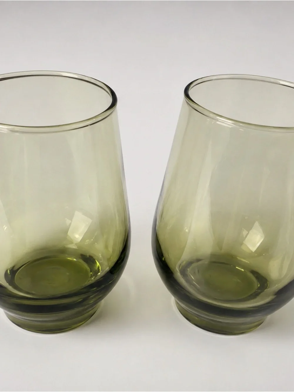 Vintage Olive Green Glass Tumblers Set of 2 Mid Century Footed Drinking Glasses